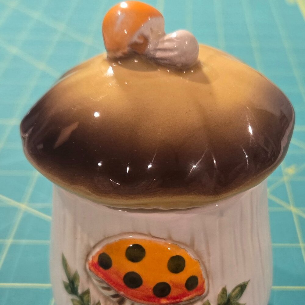 Vintage Ceramic Merry Mushroom Mini Canister Jar 4” Retro 1970s Kitchen Decor